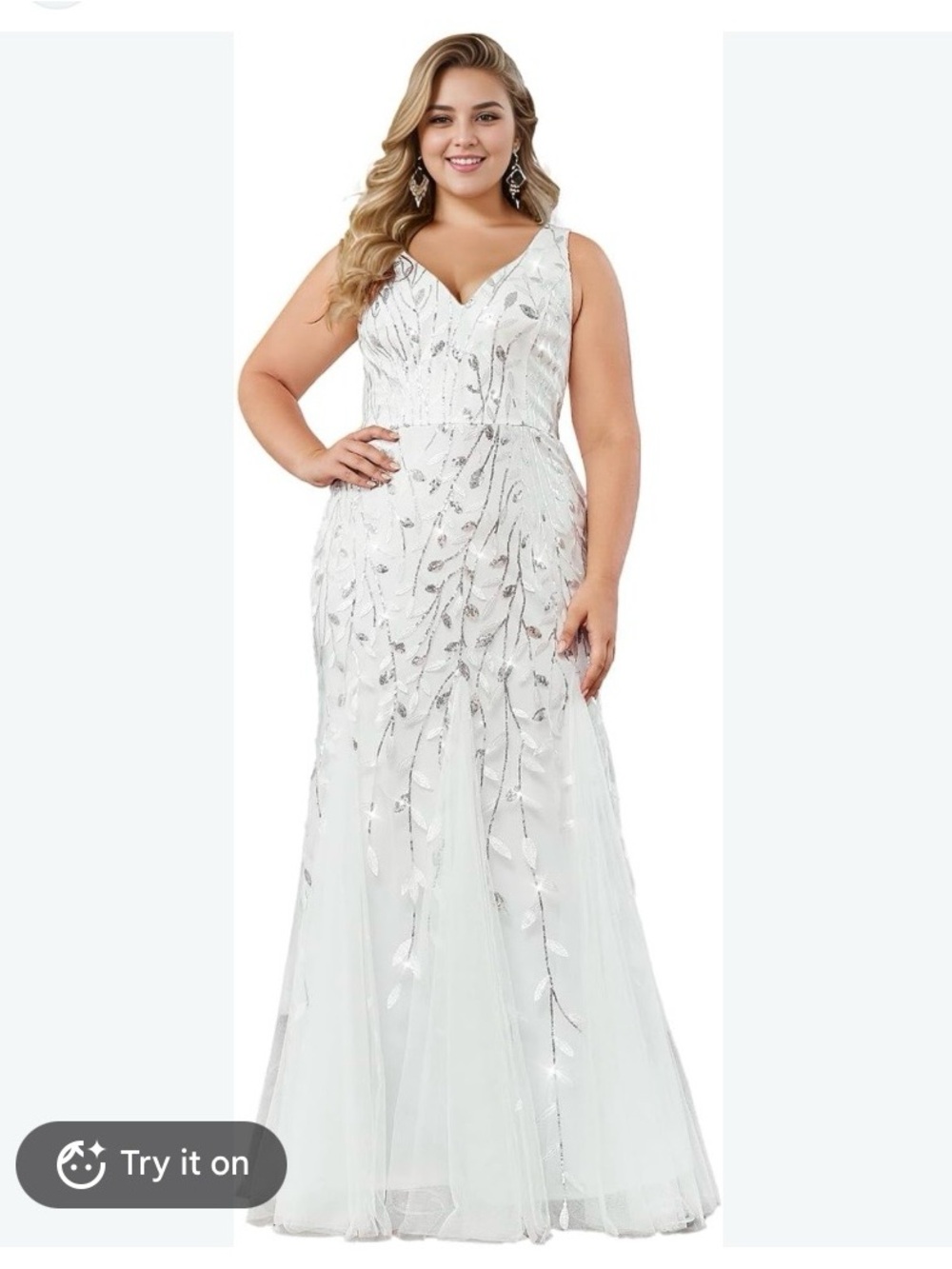 Ever Pretty White V-Neck Tulle Maxi Dress with Silver Leaf Embellishment